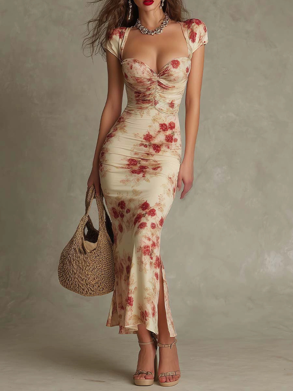 ZARA Elegant Vintage Floral Print Bodycon Slim Fit Long Evening Gown